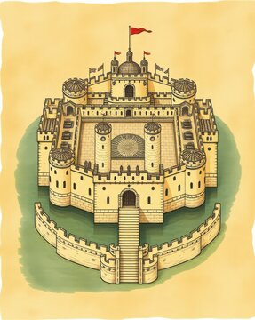 Compact stone castle reconstruction with double walls and central tower