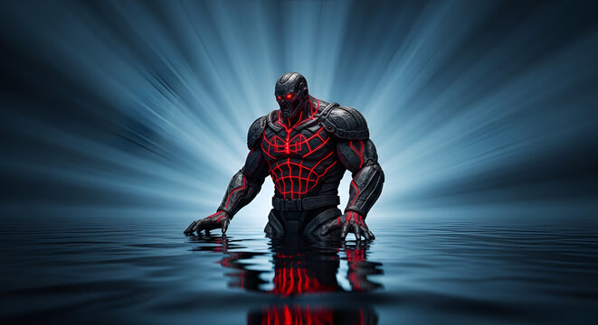 Robotic humanoid figure with glowing red circuits stands in dark rippling water, dramatic lighting, cyberpunk or sci-fi theme, artificial intelligence concept