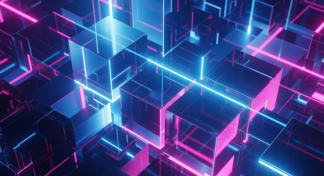 Futuristic grid of glowing cubes with neon blue and pink lights with abstract background with abstract design with science fiction with cube grid