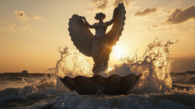Mythical Goddess Statue in Seashell, Bathed in Golden Sunset Light with Dynamic Ocean Splashes