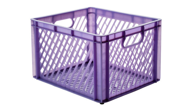 Purple plastic folding crate with handles, isolated on transparent background