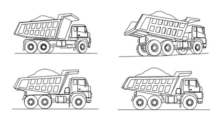 Line drawing of four dump trucks in various positions © MdNirob