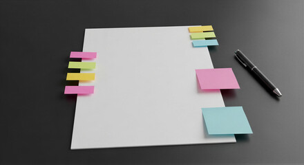Colorful sticky notes on blank paper with pen on dark desk