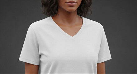Woman wearing white V-neck t-shirt against dark background