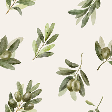 Seamless olive branch pattern in soft watercolor style. Natural botanical repeat feels calm and organic and perfect for textile or packaging.