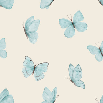 Soft blue butterflies delicate seamless pattern. Light airy design feels calm and modern and perfect for textile or wallpaper.
