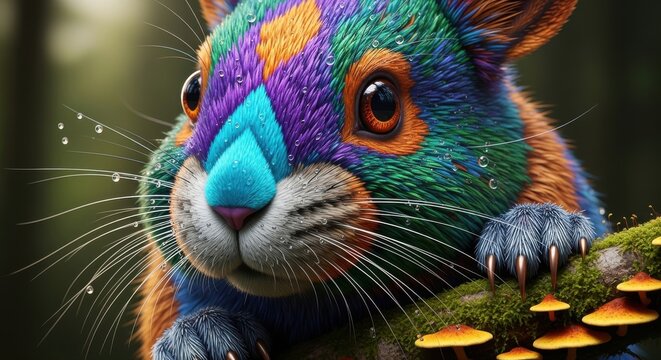 A colorful squirrel gazing with an inquisitive look. The squirrel boasts a unique blend of vibrant hues, standing out against a blurred backdrop