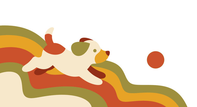 Dog Puppy Playing Fetch Game with Ball on a Retro Colorful Landscape