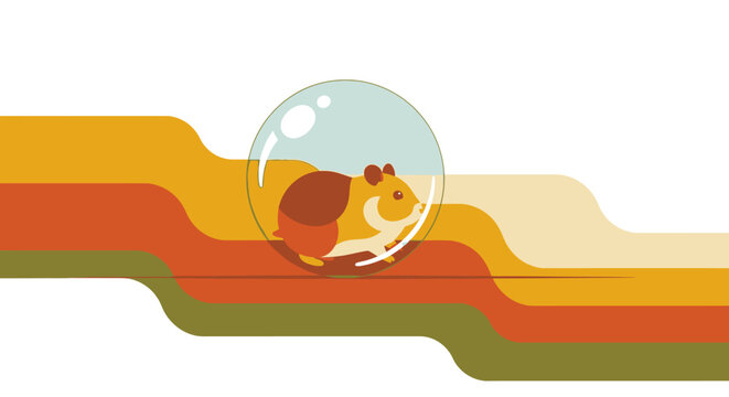 Hamster Pet Rolling in a Clear Ball on Retro Wavy Stripes