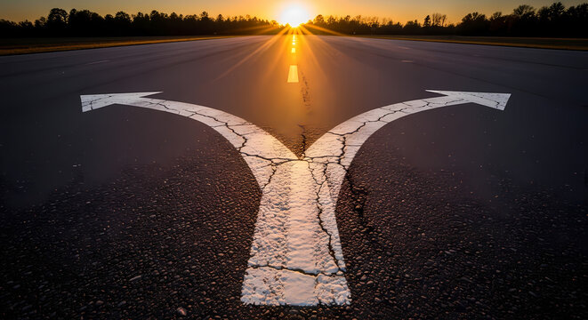 Sunset view of a road with diverging paths