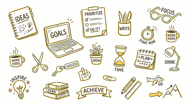 Hand drawn doodles of business goals, planning, and success with icons for ideas, work, and achievement