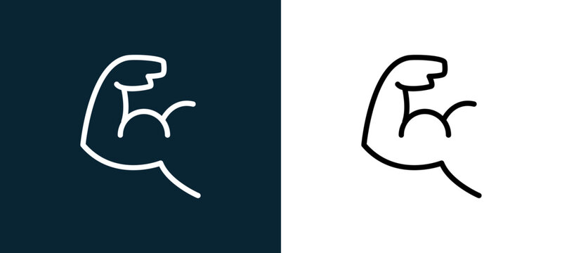 Two-color male arm muscles outline icon pair in black and white, editable stroke vector illustration for web, mobile apps, UI design, branding, and print from body parts