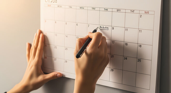 Person marking important date on wall calendar in warm lighting