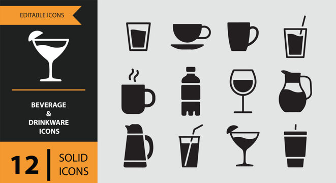 Collection of black beverage and drinkware icons on gray background