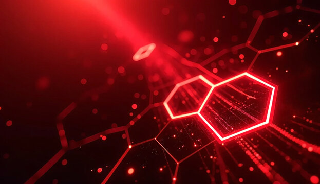 Abstract red tech background with hexagons and lines.