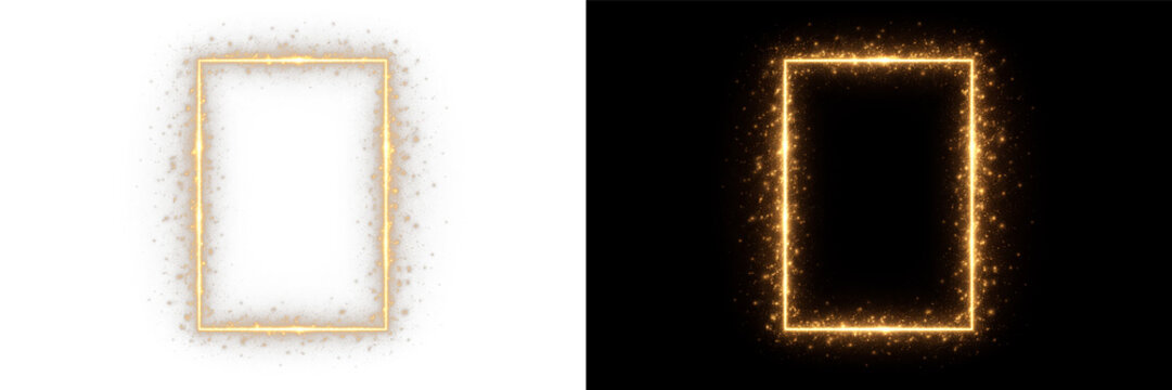 Golden glowing sparkle frame border light rectangle decorative effect png overlay element