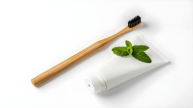 Top View of Natural Bamboo Toothbrush and Blank White Toothpaste Tube with Fresh Mint Leaves