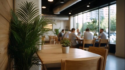 Fototapeta premium Blurred view of people at a meal in a cool modern co working space with plants