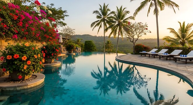 Luxurious infinity pool at a tropical resort with palm trees, vibrant flowers, and lounge chairs overlooking a scenic valley at sunset.