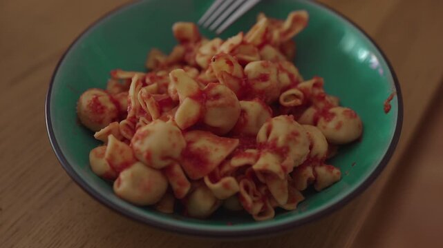 Homemade pasta shells and tortellini coated in rich red tomato sauce served in turquoise bowl on wooden table conveying comfort food warmth and casual family dining moment