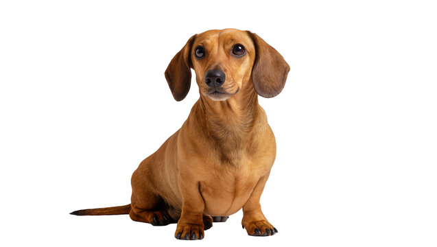 Short-legged brown dachshund dog sitting attentively, isolated on transparent background