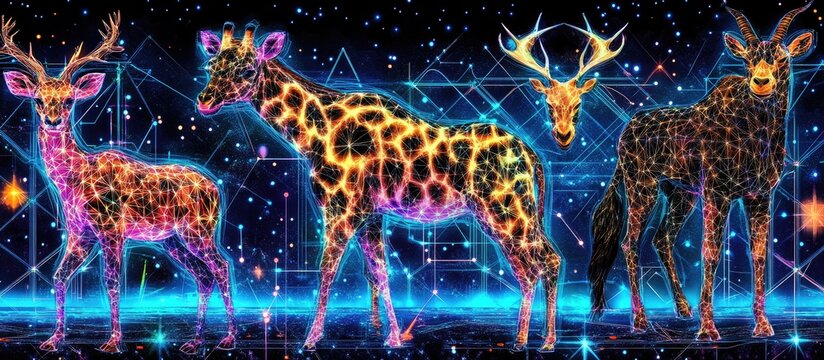 Neon Animals: Giraffe and Deer in a Futuristic Digital Landscape