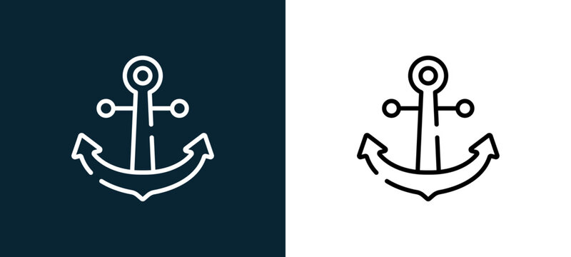 Two-color anchor outline icon pair in black and white, editable stroke vector illustration for web, mobile apps, UI design, branding, and print from pirates