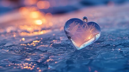 Fototapeta premium Frosty heart-shaped ice pendant on a frozen surface