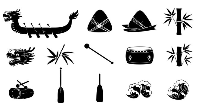 Dragon Boat Festival Symbols Silhouette Icon Set Vector Design Elements