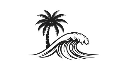 Obraz premium Tropical wave illustration palm tree and ocean curl in black and white
