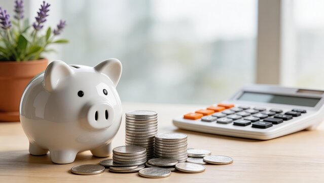 White piggy bank with stacks of silver coins and calculator on wooden desk personal finance budgeting concept saving money for future investment home office accounting financial