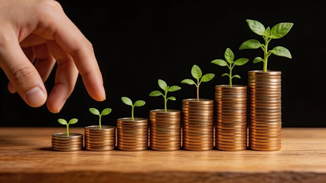 Hand placing coins in growing stacks with plants symbolizing financial growth investment savings and wealth accumulation on wooden table against black background