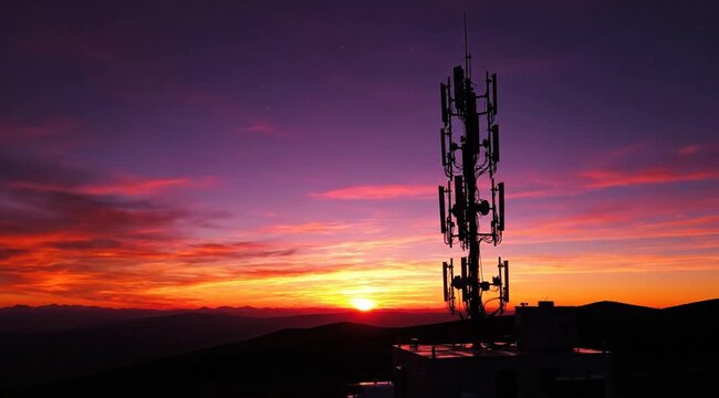 Network Access Point Silhouetted Against Dramatic Sunset