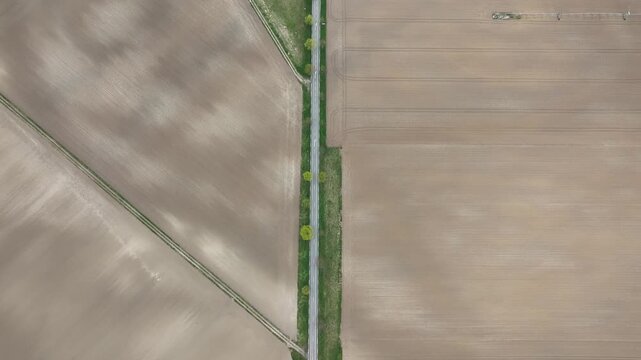 Aerial view of parallel agricultural fields divided by a road with sparse traffic, contrasting textures, Neuf-Brisach, Grand Est, France.