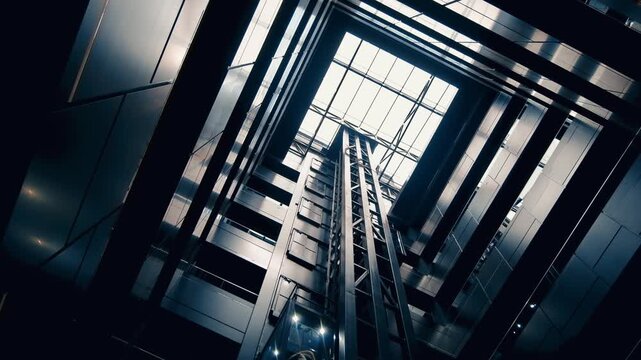 Modern elevator moving up in glass atrium of high rise futuristic skyscraper with daylight windows.