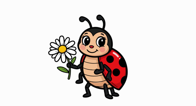 Cute ladybug cartoon, smiling insect, holding flower, vector illustration