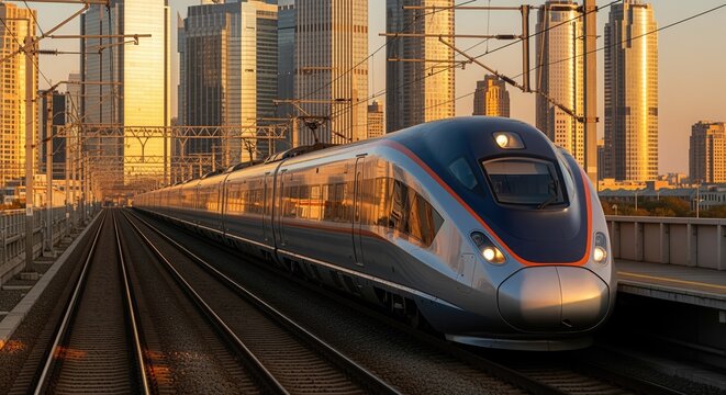 A sleek high-speed train in blue and silver travels along tracks during golden hour, with a modern city skyline glowing in warm light behind it. Ideal for transportation projects.