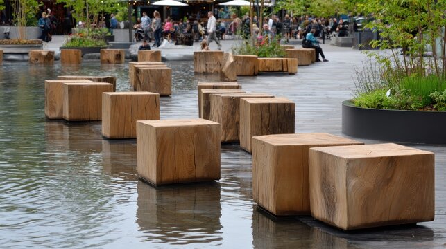Wooden cube seating modules are arranged in a shallow water feature within a busy outdoor public plaza