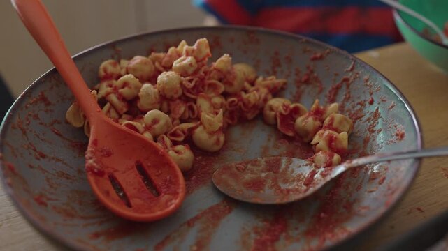 Partially eaten pasta shells and tortellini in sauce inside messy bowl with utensils showing casual dining aftermath and relatable home meal experience with sense of completion