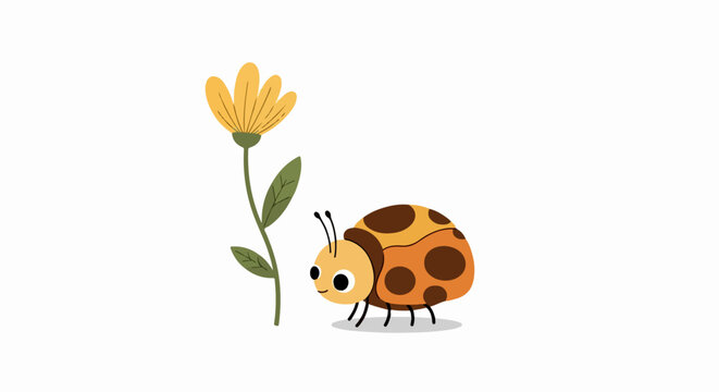 Cartoon ladybug, yellow flower, insect icon, cute vector illustration, garden bug