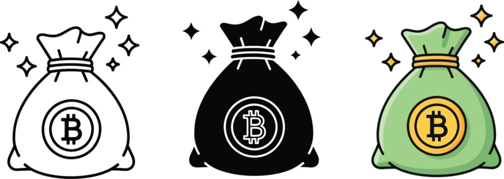 Bitcoin money bag vector illustration set showing crypto currency wealth savings in flat outline and solid graphic design styles