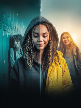 powerful conceptual illustration vertically split down the middle showing a teenage girl in a school hallway. The left side is desaturated and blue-toned, featuring the girl in a dark grey hoodie 