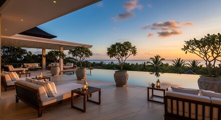 Fototapeta premium Luxurious outdoor patio with an infinity pool overlooking the ocean at sunset, featuring elegant lounge furniture and tropical trees.