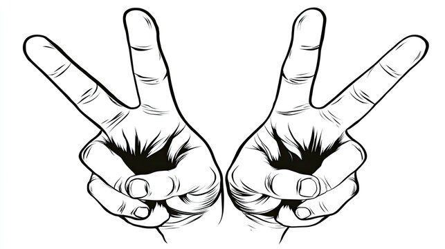 Two hands making the universal sign for peace and victory in a black and white graphic style