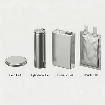 Set of Battery Cells: Coin, Cylindrical, Prismatic, Pouch Types