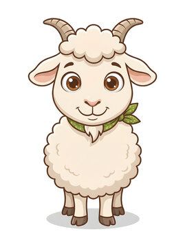 A charming cartoon illustration of a fluffy white sheep with small horns and a green bandana, standing frontally and looking friendly