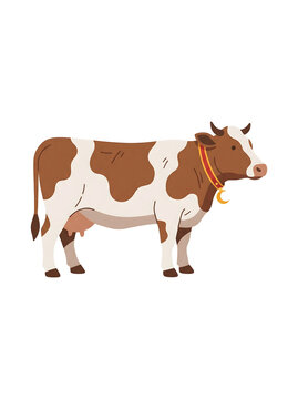 A charmingly depicted brown and white dairy cow, adorned with a small bell, standing peacefully, symbolizing rustic farm life and agricultural abundance