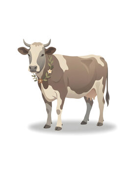 Illustration of a brown and white dairy cow standing sideways adorned with a delicate floral wreath around its neck