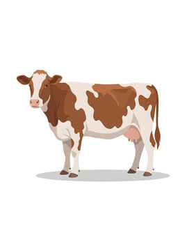 Illustration of a dairy cow with brown and white markings standing on a white background