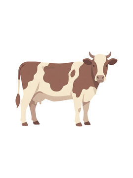 Cartoon illustration of a brown and white dairy cow standing gracefully. This classic farm animal, a domestic bovine, is ideal for agriculture, livestock, and educational content